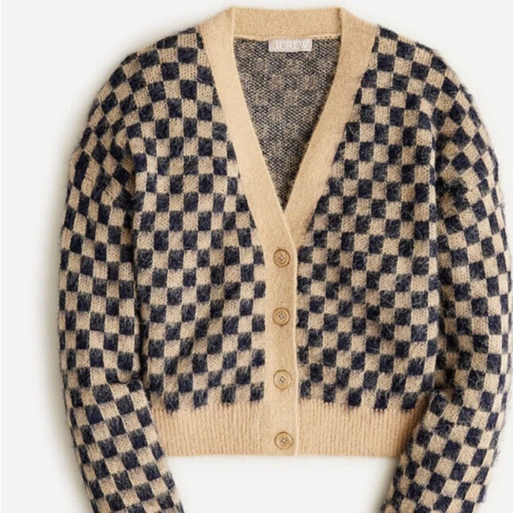 J.Crew Checkered V-neck Cardigan Sweater Brushed Yarn Sandy Beach Navy